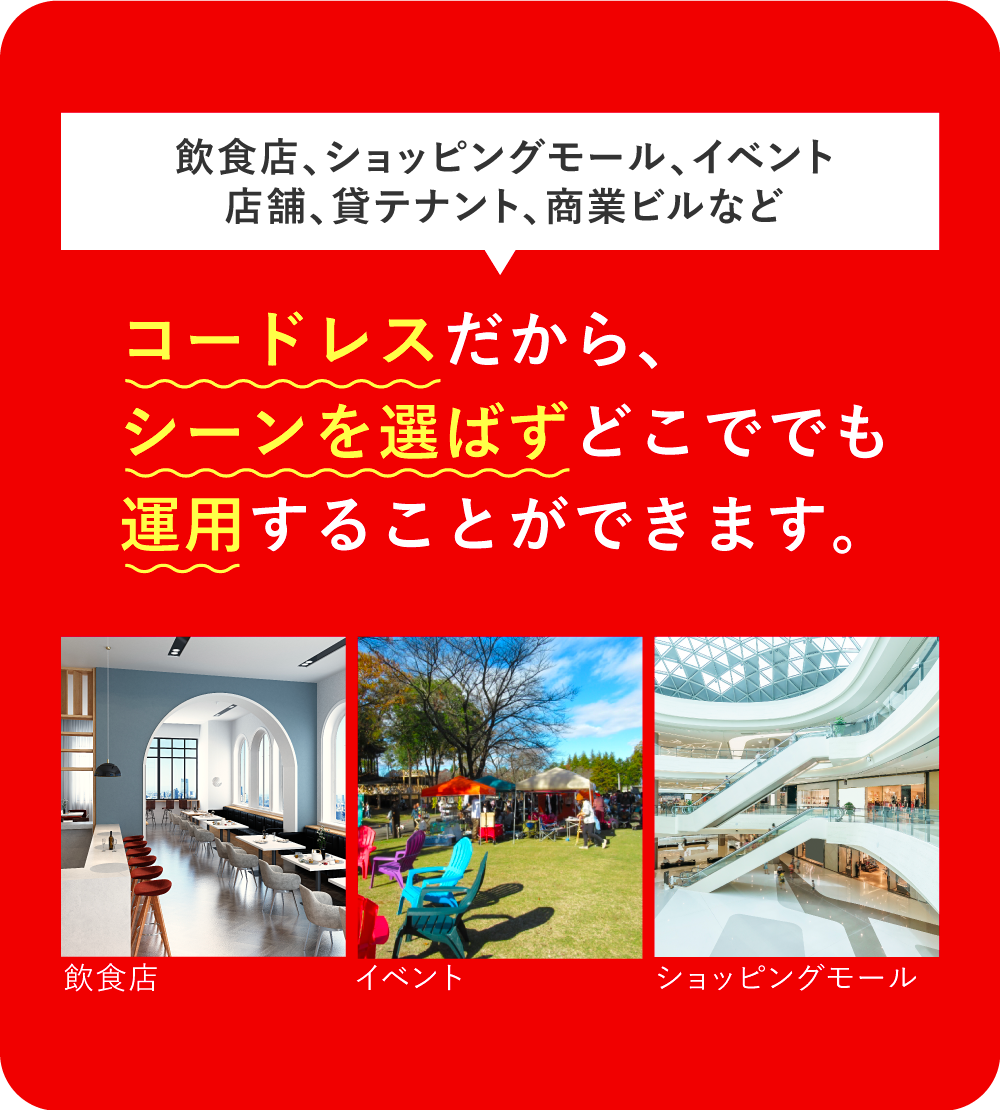 コードレスだから、シーンを選ばずどこででも運用することができます。